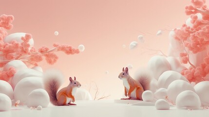 space for text on pastel background surrounded by squirrels, background image, AI generated