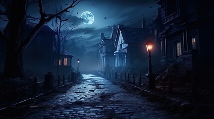 Halloween concept background of realistic horror house and creepy street with moonlight - obrazy, fototapety, plakaty
