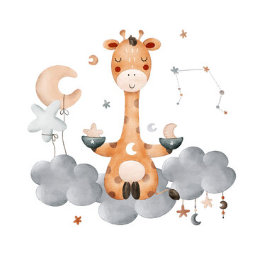 Watercolor children's cute composition with the zodiac sign Libra, giraffe, cloud, stars, moon and constellation. For printing, packaging, postcards, brochures, baby shower, poster, decoration.