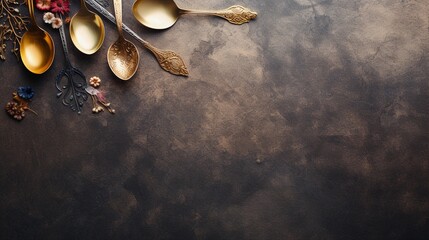 space for text on textured background surrounded by decorative spoons, background image, AI generated - obrazy, fototapety, plakaty