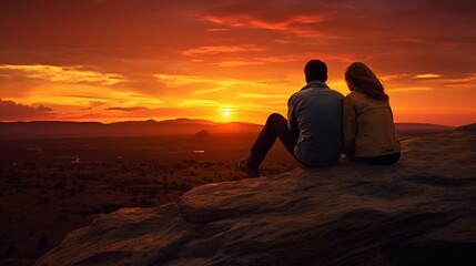 Fototapeta na wymiar Romantic Bliss: In Love Couple Enjoying an Amazing Sunset at Scenic Nature View