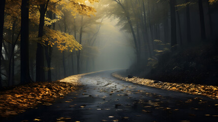 Wet asphalt road in autumn forest with mist. Beech and maple trees, yellow leaves, sun shining in the background.