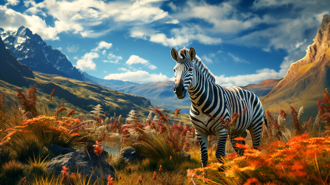 Zebra walking on grass field with mountain background , photo realistic
