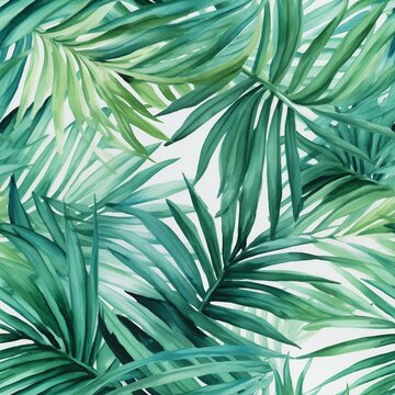 Watercolor tropical palm leaves seamless pattern. Vector illustration.generative ai. © SEUNGJIN