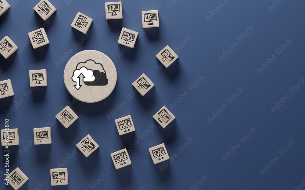 Aufkleber many workstation icons on wooden cubes and cloud storage on blue background. data storage and data c