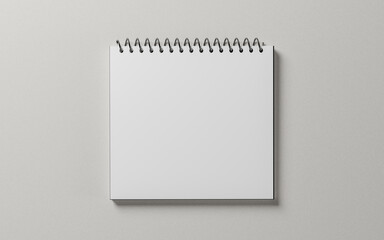 white blank notepad sheet mockup. spiral calendar on gray background. square shape notebook. top view. copy space - obrazy, fototapety, plakaty