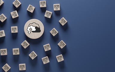 many workstation icons on wooden cubes and cloud storage on blue background. Data storage and data center connection network. copy space