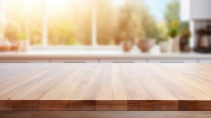 Versatile Kitchen Settings: Empty Tabletop in Defocused Kitchen with Ample Copy Space