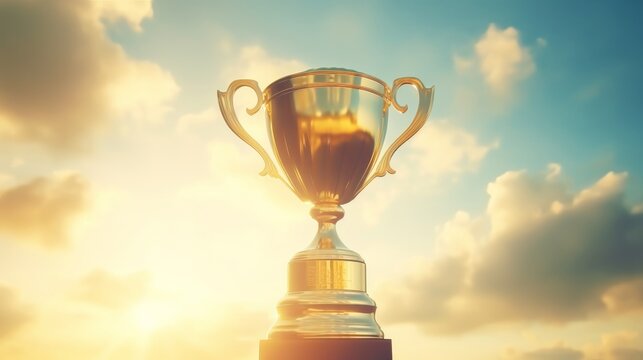 A golden winner's trophy cup set against a sky background, symbolizing an award for champions in a competition and excellence in business. This image encapsulates the concepts of victory, success