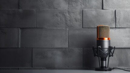 A studio microphone featured against a concrete wall background, accentuated by an audio waveform display. This image serves as a banner for podcasts or broadcasts with ample space for textual - obrazy, fototapety, plakaty