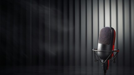 A studio microphone featured against a concrete wall background, accentuated by an audio waveform display. This image serves as a banner for podcasts or broadcasts with ample space for textual - obrazy, fototapety, plakaty