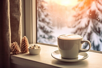 cup of coffee with cinnamon on the windowsill, winter view  - obrazy, fototapety, plakaty