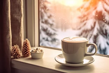 Poster cup of coffee with cinnamon on the windowsill, winter view  © reddish