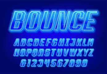 Bounce alphabet font. Blue neon letters and numbers. Stock vector typeface for your design.