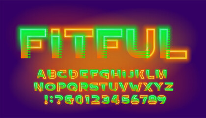 Fitful alphabet font. Futuristic neon letters and numbers. Stock vector typeface for your design.