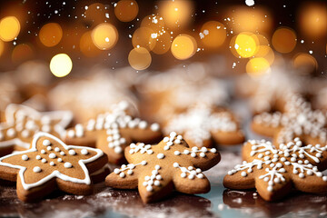 christmas gingerbread cookies on wooden background, snowflake  shaped cookies 