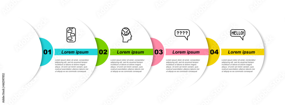 Poster set line new chat messages notification, learning foreign languages, speech bubbles with question an