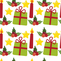 VECTOR PATTERN ILLUSTRATION, WINTER HOLIDAYS CHRISTMAS GIFT BOX,STAR,CANDLE  ISLATE ON WGITE BACKGROUND,NEW YEAR FOR FABRIC, PAPER PRINT OR OTHER DESIGN USES.