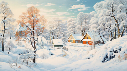 Oil painting of Winter, snowy scenery, a house with snow-covered. Generative Ai