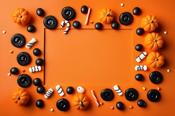 Halloween frame of scattered candy and decor. Top down view over an orange background with copy space. Generative AI