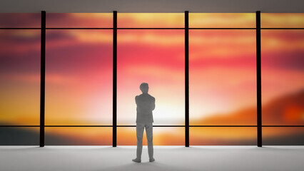 Fototapeta na wymiar The man stand alone in building twilight sky for Abstract Background 3d rendering