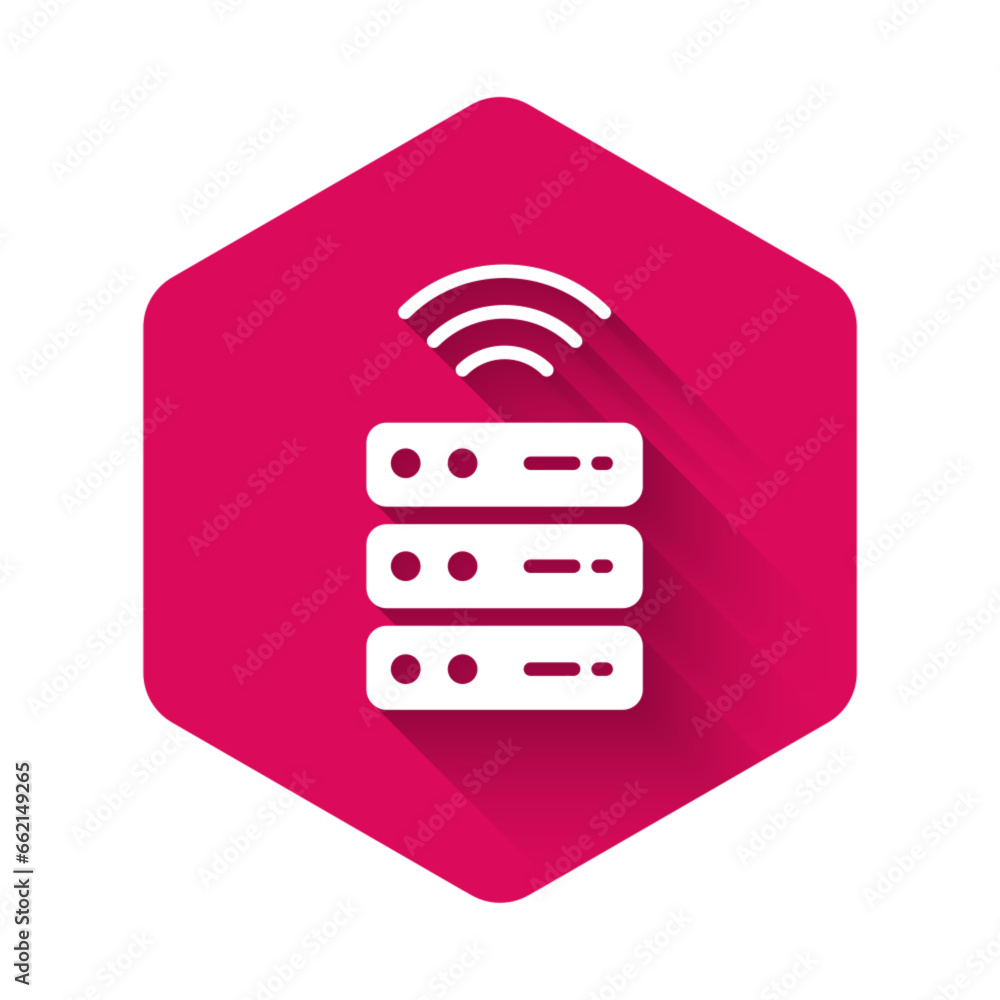 Poster white smart server, data, web hosting icon isolated with long shadow. internet of things concept wit