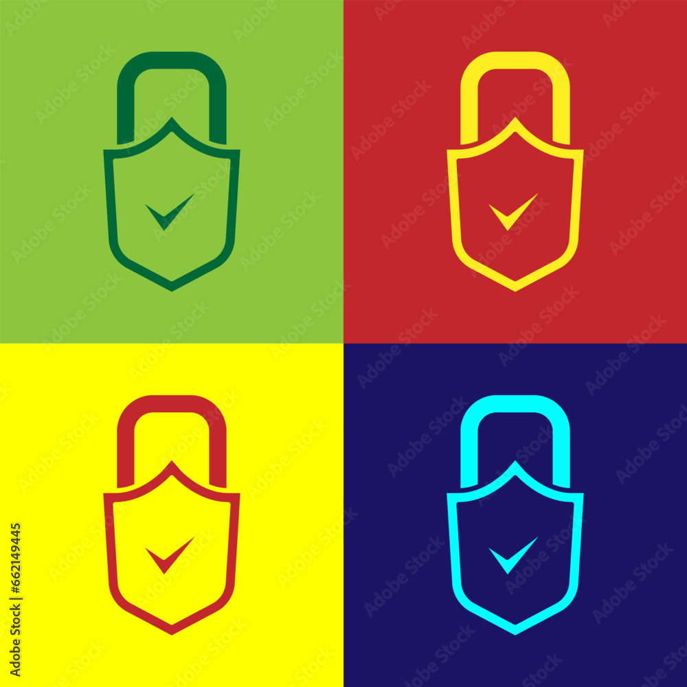 Poster pop art open padlock and check mark icon isolated on color background. cyber security concept. digit