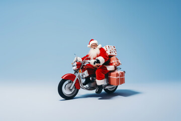 Full length of Santa Claus who ride vintage motorbike deliver gifts Christmas eve on blue background