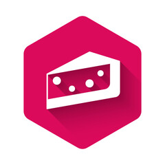 White Piece of cake icon isolated with long shadow background. Happy Birthday. Pink hexagon button. Vector