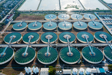Aerial view of Drinking Water Treatment plants. Microbiology of drinking water production and distribution for big city from water management, water recycling.