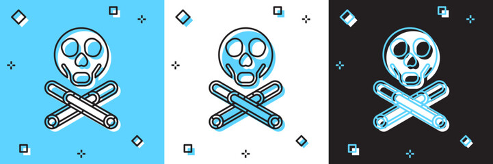 Set Bones and skull as a sign of toxicity warning icon isolated on blue and white, black background. Vector