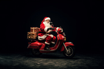 Full length of Santa Claus who ride vintage motorbike deliver gifts Christmas on black background