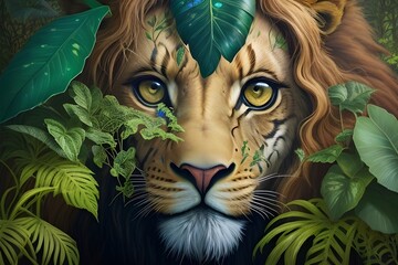 A girl with a lion on her face , a hyperrealist painting, wild life, pop surrealism, surrealist. best quality, masterpiece, dreamlike, extravagant details, abstract, vibrant colors AI generated Art  