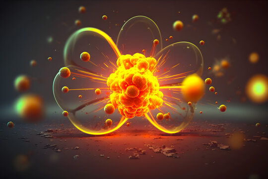 Collision of nuclei of elementary particles, image of nuclear reactions in the model. An explosion with the release of a huge amount of heat and power and light. Generative AI