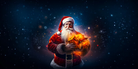 Santa Claus or Saint Nicholas holding magic gift box. Christmas time. Fairytale - obrazy, fototapety, plakaty