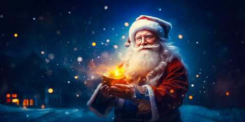 Fototapeta na wymiar Santa Claus or Saint Nicholas holding magic gift box. Christmas time. Fairytale