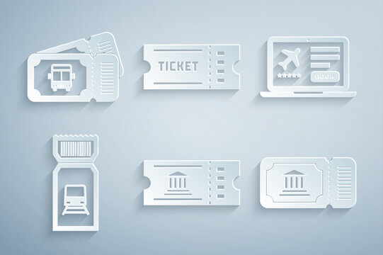 Set Museum ticket, Laptop with, Train, Ticket and Bus icon. Vector