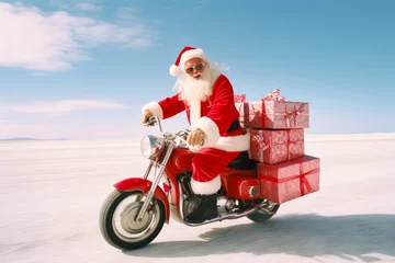Keuken foto achterwand Scooter Full length of Santa Claus who ride vintage motorbike deliver gifts Christmas eve on the road