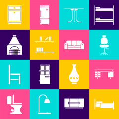 Set Bed, Office desk, chair, Round table, Shelf with books, Interior fireplace, Furniture nightstand and Sofa icon. Vector