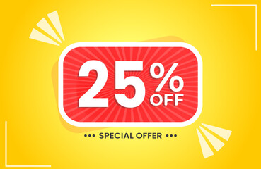 25% off. Yellow banner with 25 percent discount on a red balloon for mega big sales. 25% sale