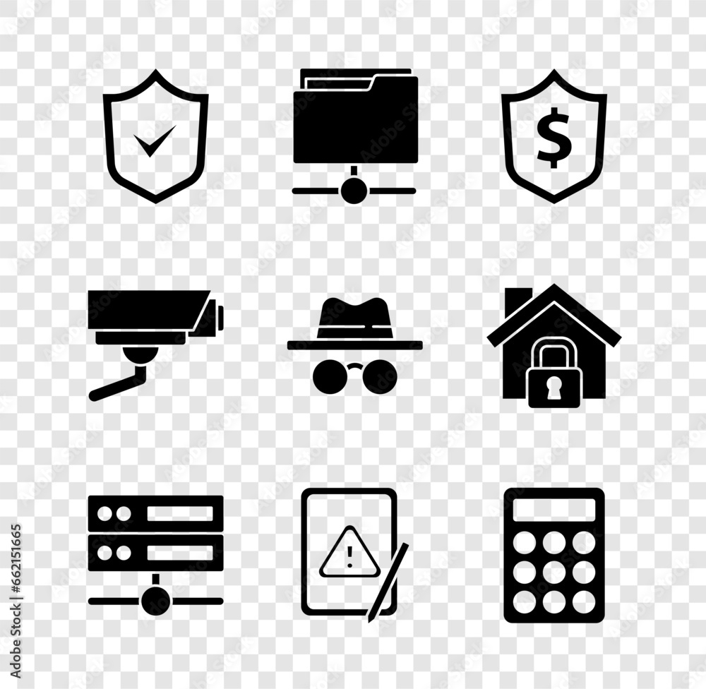 Poster set shield with check mark, ftp folder, dollar, server, data, web hosting, tablet exclamation, passw