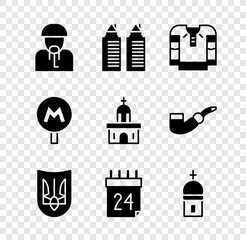 Set Ukrainian cossack, Two towers Dnipro, Embroidered shirt, trident, Independence day of Ukraine, Church, Metro or Underground and building icon. Vector