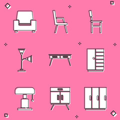 Set Armchair, Chair, Floor lamp, Office desk, Wardrobe, Table and Chest of drawers icon. Vector
