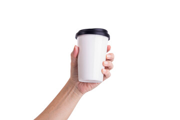 Hand holding a white coffee cup isolated on a transparent background