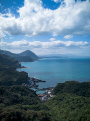 Aerial view of Bitoujiao lighthouse, a famous scenery of Taiwan northeast corner. Birds eye view in Bitoujiao cape, Ruifang district, New Taipei, Taiwan.