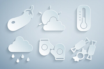 Set Christmas mitten, Thermometer, Cloud with rain, Candy, Sun cloud weather and Eggplant icon. Vector