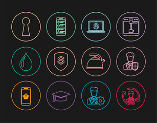 Set line Human resources, User protection, Laptop with dollar, Shield and, Water drop, Keyhole, Kettle handle and Smartphone contacts icon. Vector