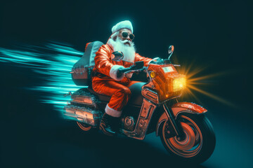 Full length of crazy fast Santa Claus who ride vintage motorbike deliver gifts Christmas eve