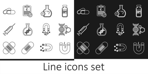 Set line Magnet with lightning, Genetic engineering, Bioengineering, DNA research, search, Syringe, Medicine pill or tablet, money and Clipboard blood test icon. Vector