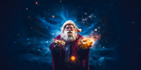 Santa Claus or Saint Nicholas holding magic gift box. Christmas time. Fairytale